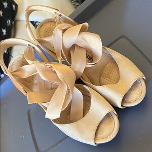 Elegant Beige Peep-Toe Heels with Ribbon strap around ankle